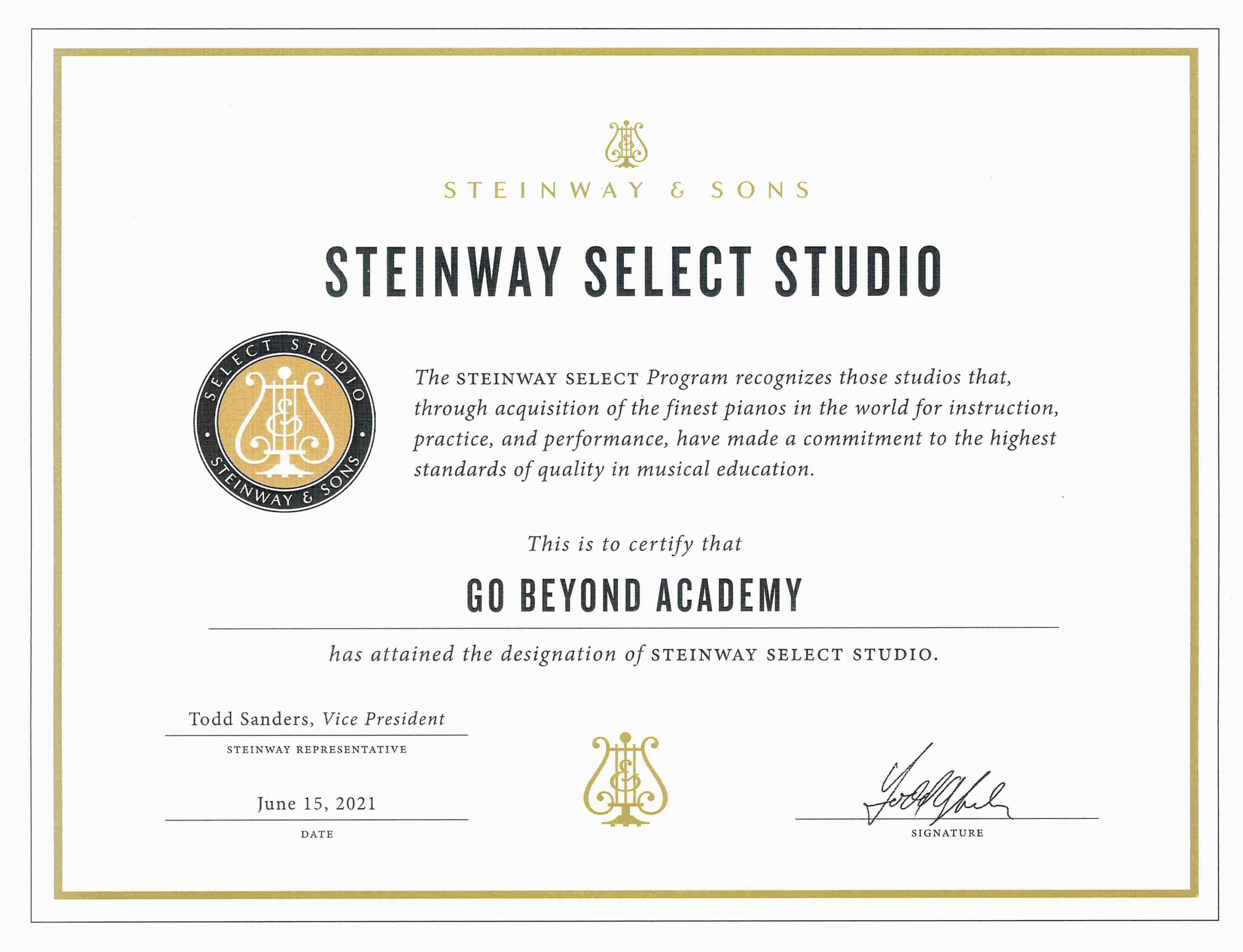 steinway certificate for go beyond academy